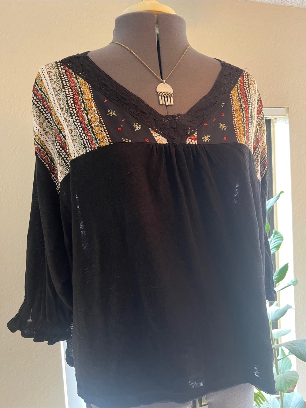 Free People Black Boho Tunic with Multicolor Embroidered Yoke